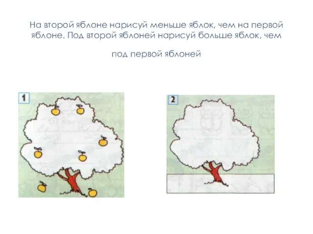 На второй яблоне нарисуй меньше яблок, чем на первой яблоне. Под второй