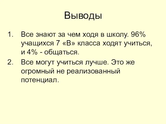 Выводы Все знают за чем ходя в школу. 96% учащихся 7 «В»