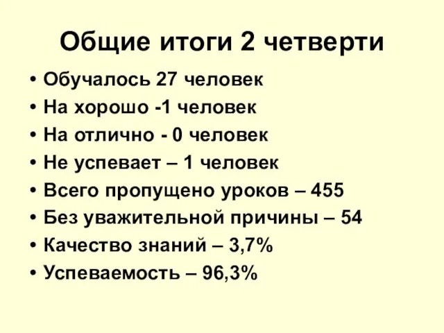 Общие итоги 2 четверти Обучалось 27 человек На хорошо -1 человек На