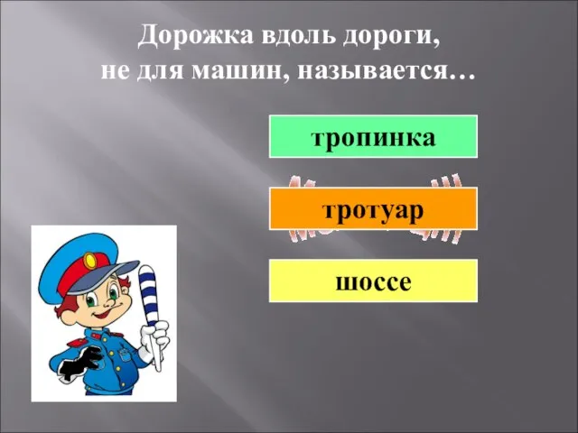 Дорожка вдоль дороги, не для машин, называется… тротуар тропинка шоссе