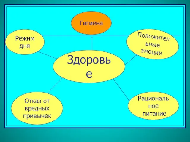 Здоровье Режим дня Гигиена Рациональное питание Отказ от вредных привычек Положительные эмоции