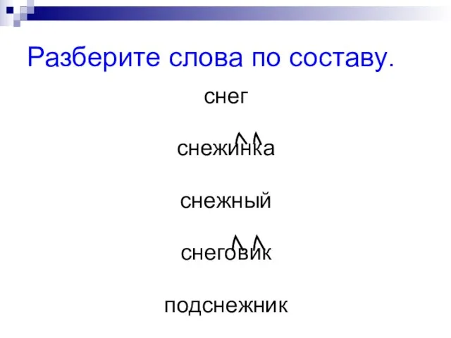 Разберите слова по составу. снег снежинка снежный снеговик подснежник