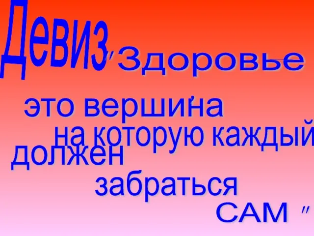 Девиз " Здоровье - это вершина , на которую каждый должен забраться САМ "