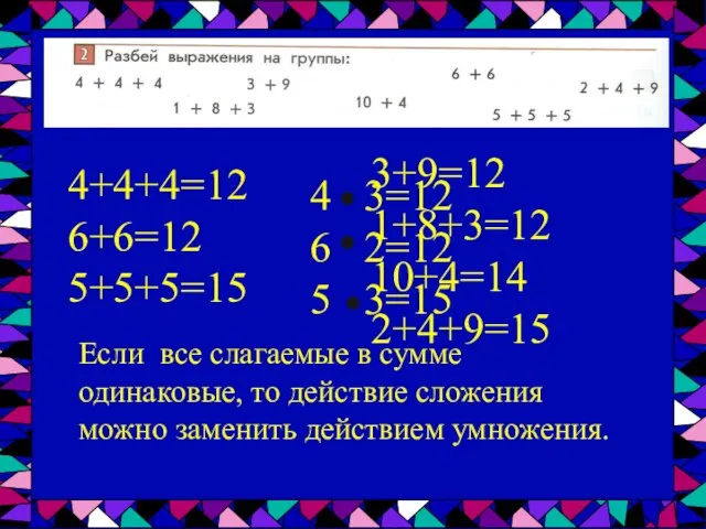 4+4+4=12 6+6=12 5+5+5=15 3+9=12 1+8+3=12 10+4=14 2+4+9=15 Если все слагаемые в сумме