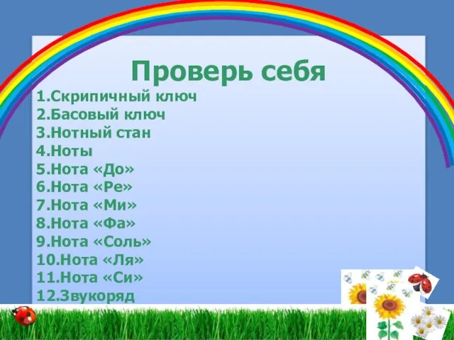 Проверь себя 1.Скрипичный ключ 2.Басовый ключ 3.Нотный стан 4.Ноты 5.Нота «До» 6.Нота