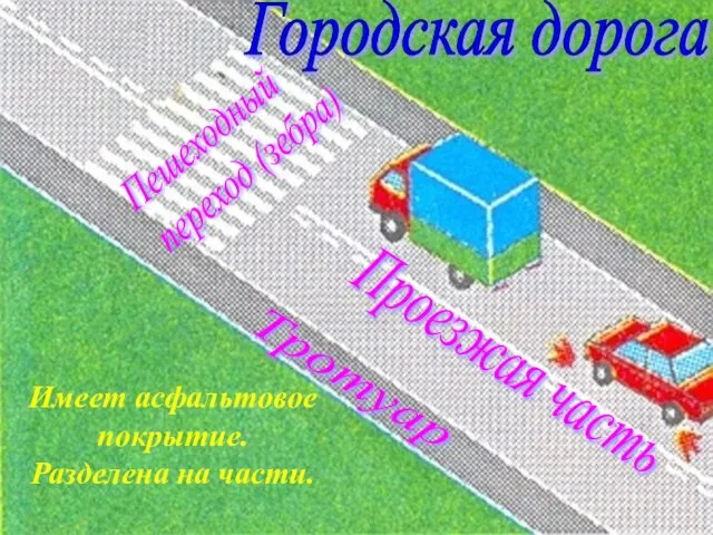 Городская дорога Пешеходный переход (зебра) Проезжая часть Тротуар Имеет асфальтовое покрытие. Разделена на части.