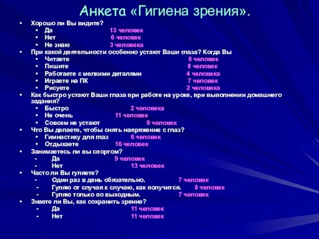 Анкета «Гигиена зрения». Хорошо ли Вы видите? Да 13 человек Нет 6