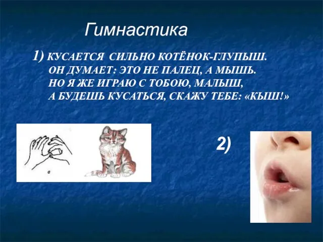 Гимнастика 1) КУСАЕТСЯ СИЛЬНО КОТЁНОК-ГЛУПЫШ. ОН ДУМАЕТ: ЭТО НЕ ПАЛЕЦ, А МЫШЬ.