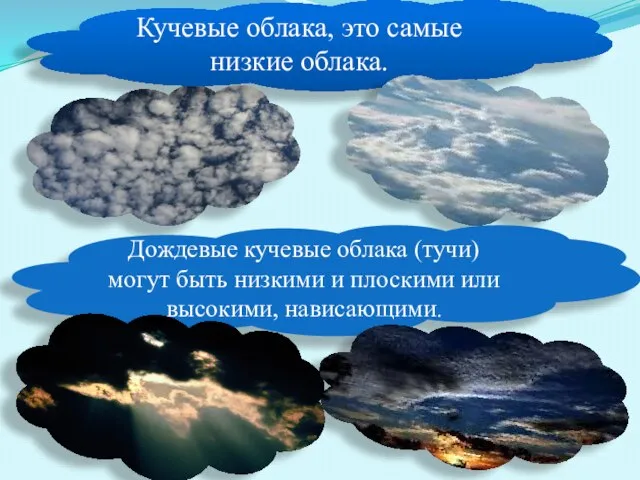 Кучевые облака, это самые низкие облака. Дождевые кучевые облака (тучи) могут быть