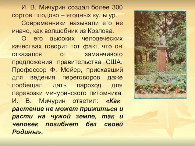 И. В. Мичурин создал более 300 сортов плодово – ягодных культур. Современники