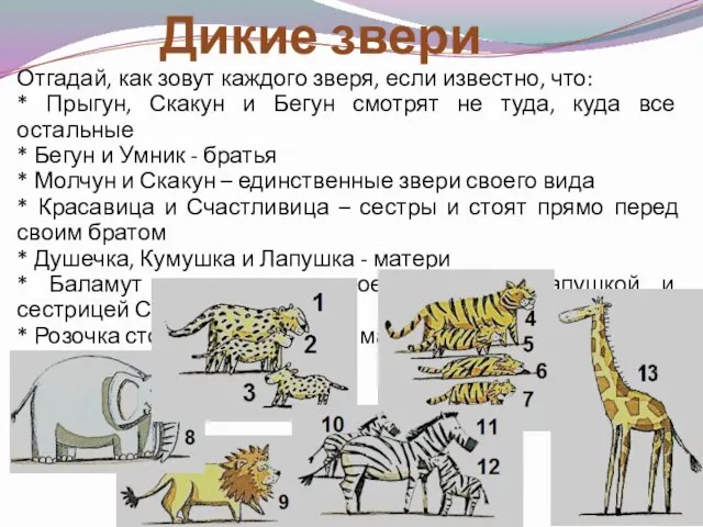 Дикие звери Отгадай, как зовут каждого зверя, если известно, что: * Прыгун,