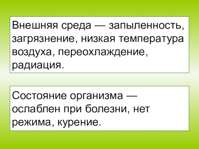 Внешняя среда — запыленность, загрязнение, низкая температура воздуха, переохлаждение, радиация. Состояние организма