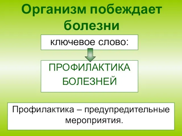 Организм побеждает болезни ключевое слово: ПРОФИЛАКТИКА БОЛЕЗНЕЙ Профилактика – предупредительные мероприятия.