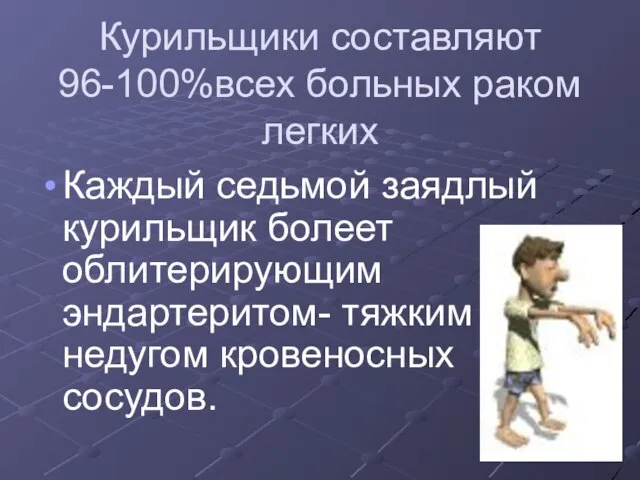 Курильщики составляют 96-100%всех больных раком легких Каждый седьмой заядлый курильщик болеет облитерирующим