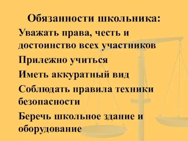 Обязанности школьника: Уважать права, честь и достоинство всех участников Прилежно учиться Иметь