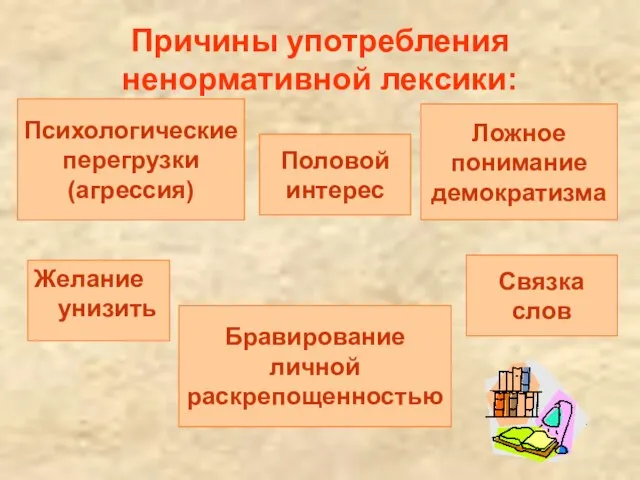 Причины употребления ненормативной лексики: Желание унизить Психологические перегрузки (агрессия) Ложное понимание демократизма