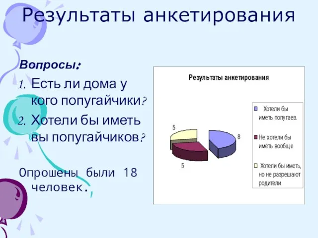 Результаты анкетирования Вопросы: Есть ли дома у кого попугайчики? Хотели бы иметь