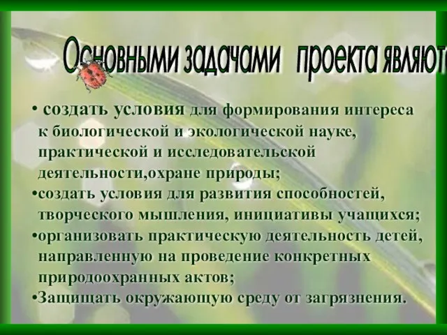 создать условия для формирования интереса к биологической и экологической науке,практической и исследовательской