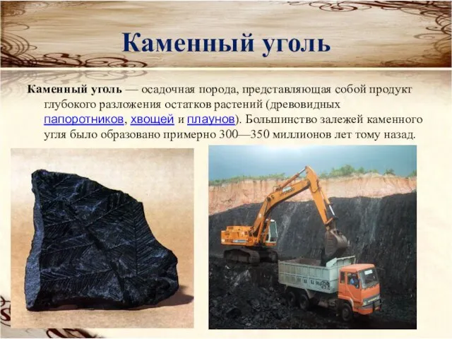 Каменный уголь Каменный уголь — осадочная порода, представляющая собой продукт глубокого разложения
