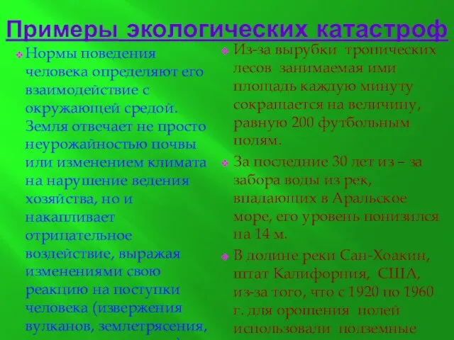 Примеры экологических катастроф Нормы поведения человека определяют его взаимодействие с окружающей средой.