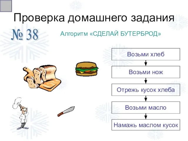 Проверка домашнего задания № 38 Алгоритм «СДЕЛАЙ БУТЕРБРОД» Намажь маслом кусок