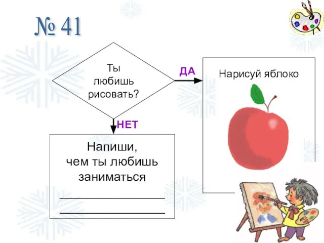 № 41 Ты любишь рисовать? ДА НЕТ Напиши, чем ты любишь заниматься _______________ _______________ Нарисуй яблоко