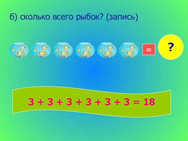 б) сколько всего рыбок? (запись) 18 = ? 3 + 3 +