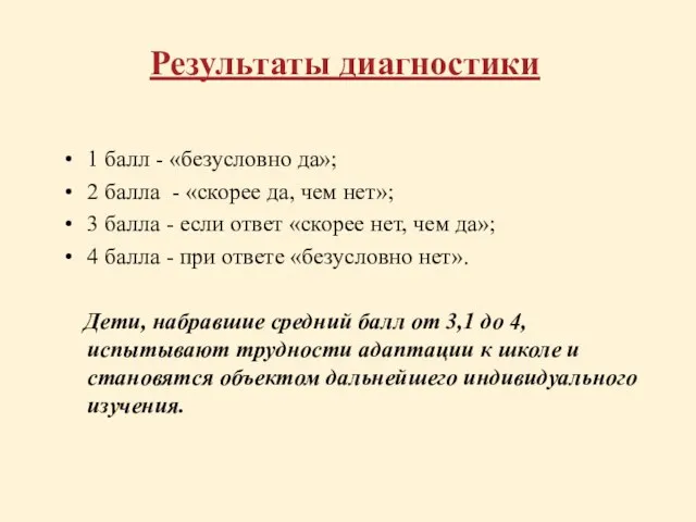 Результаты диагностики 1 балл - «безусловно да»; 2 балла - «скорее да,