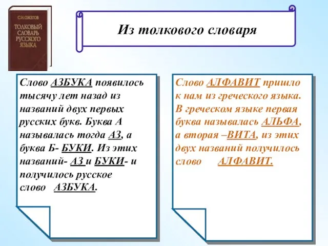 Слово АЗБУКА появилось тысячу лет назад из названий двух первых русских букв.