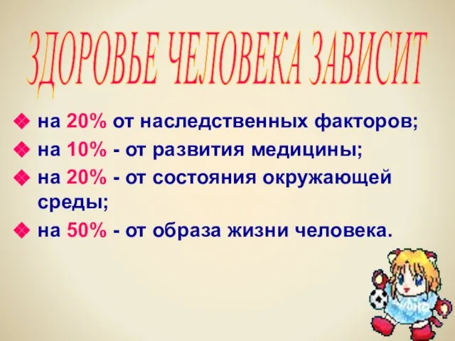 на 20% от наследственных факторов; на 10% - от развития медицины; на