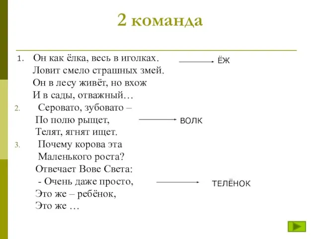 2 команда 1. Он как ёлка, весь в иголках. Ловит смело страшных