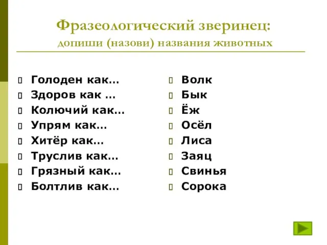 Фразеологический зверинец: допиши (назови) названия животных Голоден как… Здоров как … Колючий