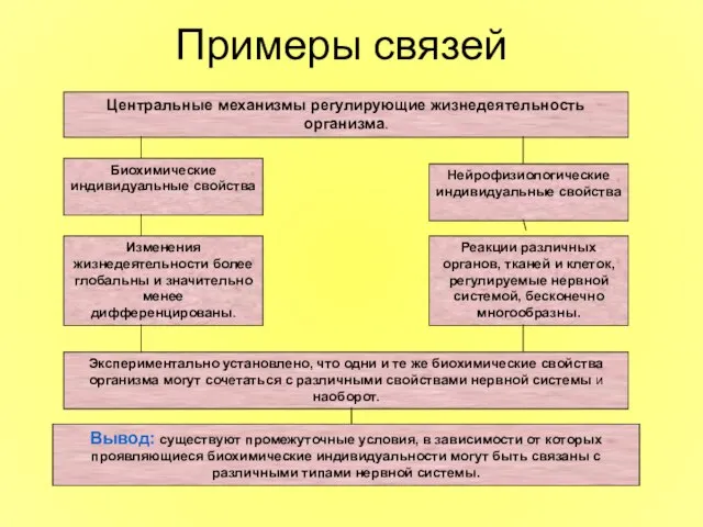 Примеры связей Центральные механизмы регулирующие жизнедеятельность организма. Биохимические индивидуальные свойства Изменения жизнедеятельности