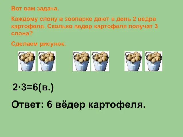 Вот вам задача. Каждому слону в зоопарке дают в день 2 ведра