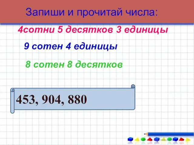 Запиши и прочитай числа: 453, 904, 880 4сотни 5 десятков 3 единицы