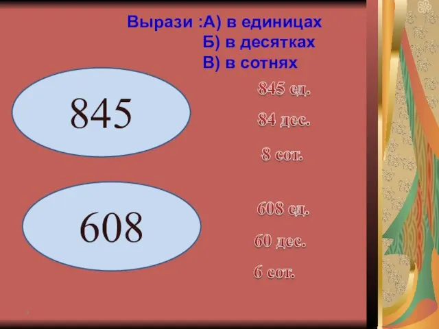 * 845 608 Вырази :А) в единицах Б) в десятках В) в сотнях