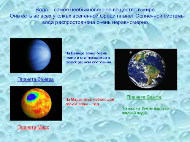 Вода – самое необыкновенное вещество в мире. Она есть во всех уголках