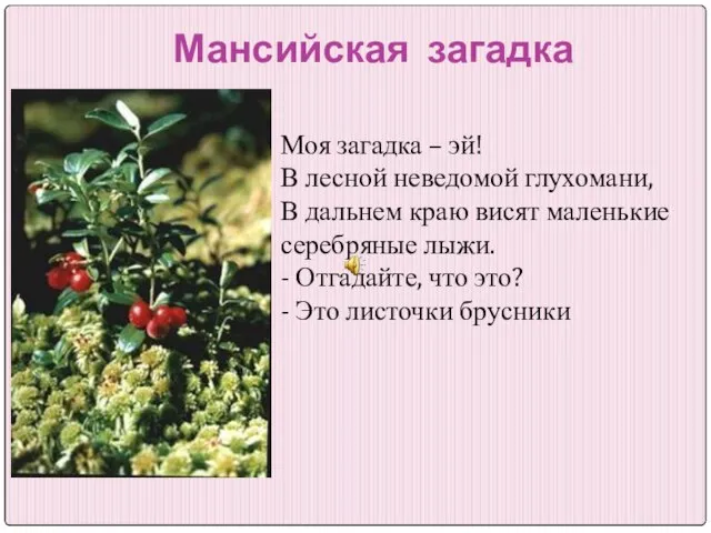 Мансийская загадка Моя загадка – эй! В лесной неведомой глухомани, В дальнем