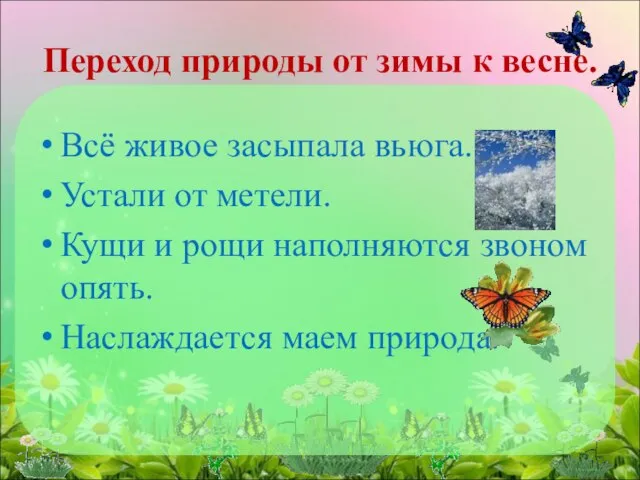 Переход природы от зимы к весне. Всё живое засыпала вьюга. Устали от