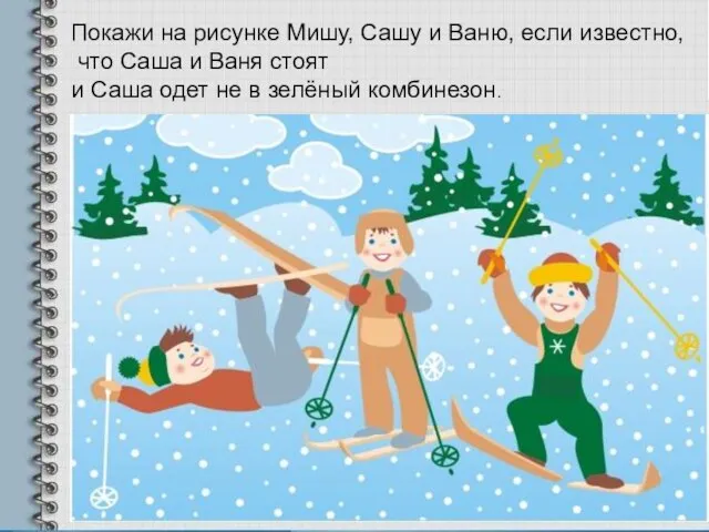 Покажи на рисунке Мишу, Сашу и Ваню, если известно, что Саша и