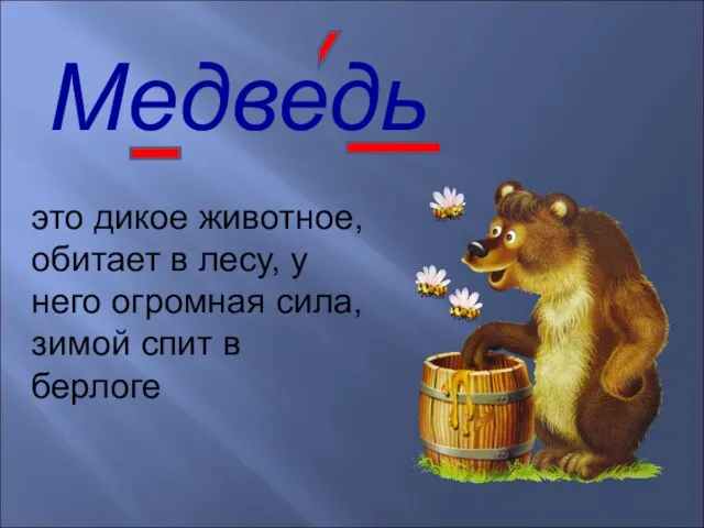 Медведь это дикое животное, обитает в лесу, у него огромная сила, зимой спит в берлоге