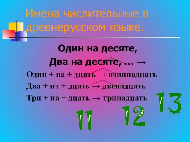 Имена числительные в древнерусском языке. Один на десяте, Два на десяте, …