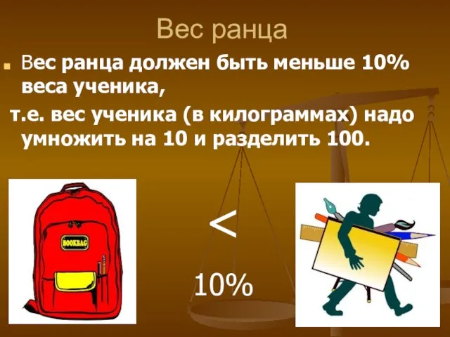 Вес ранца Вес ранца должен быть меньше 10% веса ученика, т.е. вес