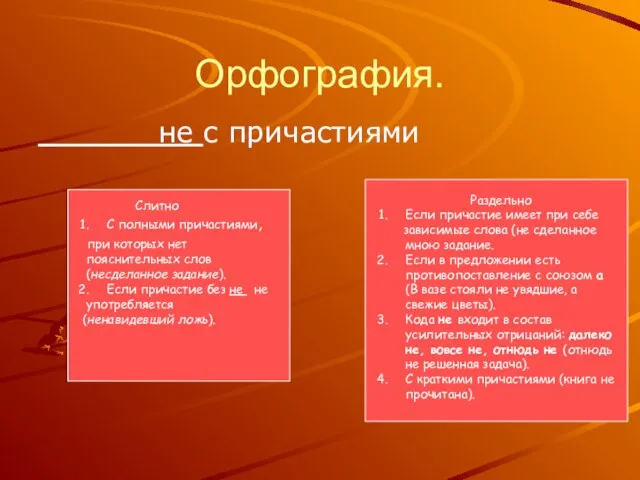 Орфография. не с причастиями Слитно С полными причастиями, при которых нет пояснительных