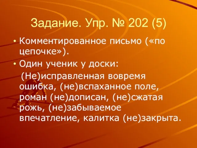 Задание. Упр. № 202 (5) Комментированное письмо («по цепочке»). Один ученик у