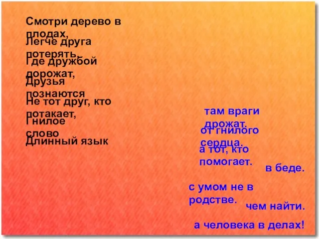 Смотри дерево в плодах, а человека в делах! Легче друга потерять, чем