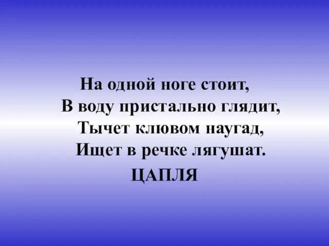 На одной ноге стоит, В воду пристально глядит, Тычет клювом наугад, Ищет в речке лягушат. ЦАПЛЯ