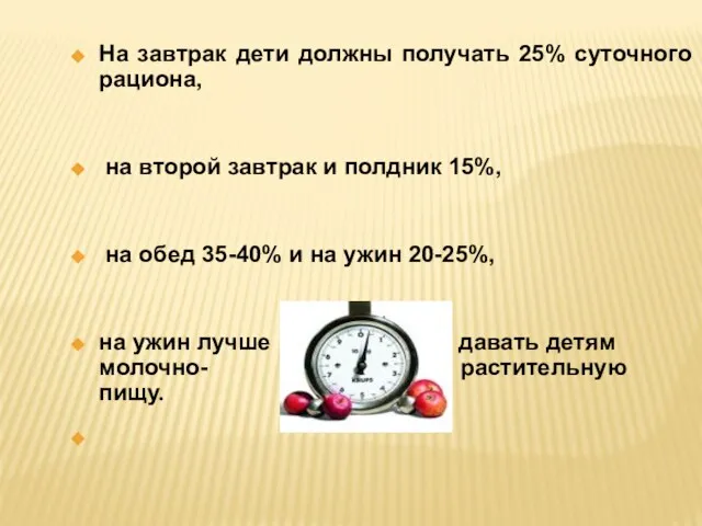 На завтрак дети должны получать 25% суточного рациона, на второй завтрак и