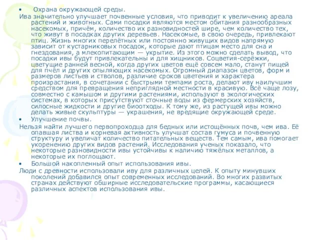 Охрана окружающей среды. Ива значительно улучшает почвенные условия, что приводит к увеличению