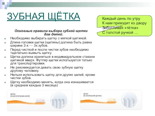 ЗУБНАЯ ЩЁТКА Основные правила выбора зубной щетки для детей. Необходимо выбирать щетку